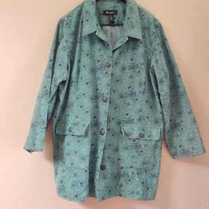 DENIM‎ & CO Teal Blue Blazer Size 2X Floral Corduroy Button Front Lined Hippie